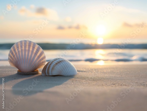 Tranquil Beach Sunrise with Seashells on Sandy Shoreline