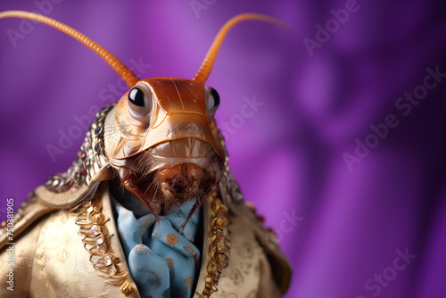 Creative animal concept. Cockroach pest insect in glam fashionable couture high end outfits isolated on bright background advertisement, copy space. birthday party invite invitation banner   © Sandra Chia