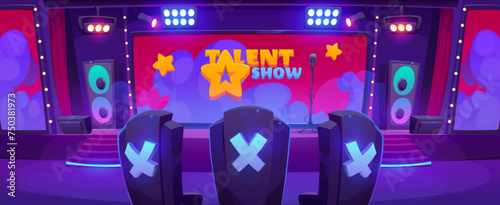 Talent show setup in big hall with micro and loudspeakers on scene, large screen, chairs of jury, spotlights. Cartoon vector of empty competition and contest stage.