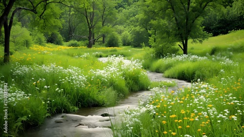 Background A serene meadow with wildflowers and a babbling brook. photo