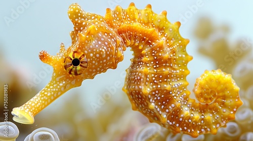 The yellow seahorse stands isolated on a white background. The Tigertail Seahorse is cut out from this image photo