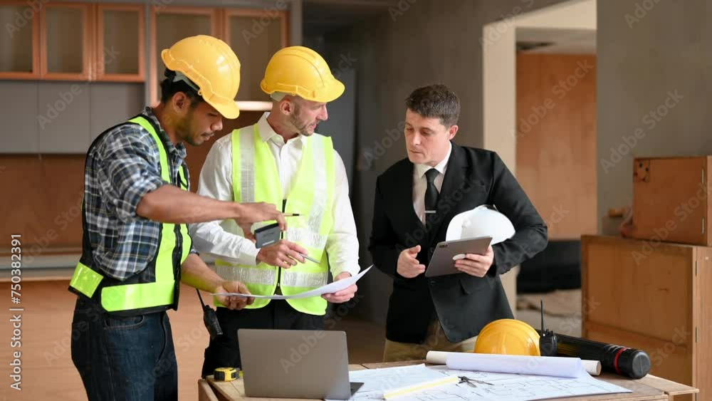 Contractor and architect looking at plan, tablet, laptop and talking about working on big project. Building in construction interior. Contractor and architect looking at plan, tablet, laptop and talking about working on big project. Building in construction interior.