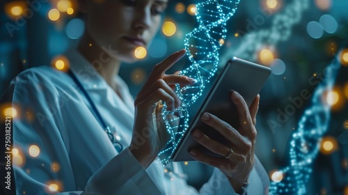 Electronic medical record being touched by a medical doctor on a tablet. Digital healthcare and network connection on hologram interface. Modern technology and futuristic concepts in healthcare. photo