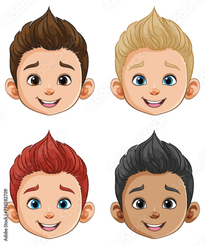 Four cartoon boys with different hairstyles and expressions.
