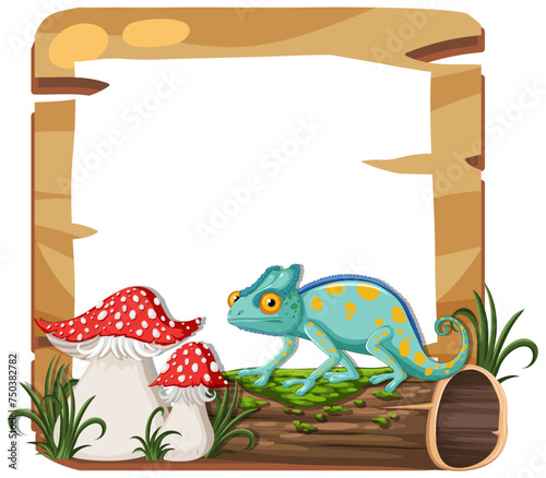 Colorful chameleon with mushrooms and wooden frame
