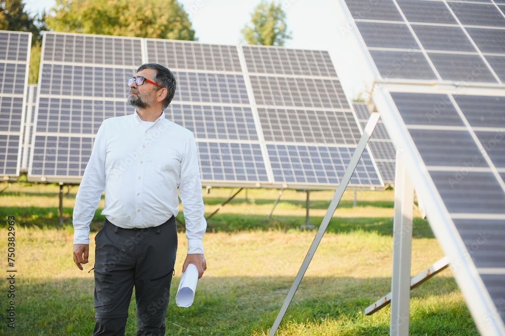 Senior engineer working on solar panel farm. The concept of green energy