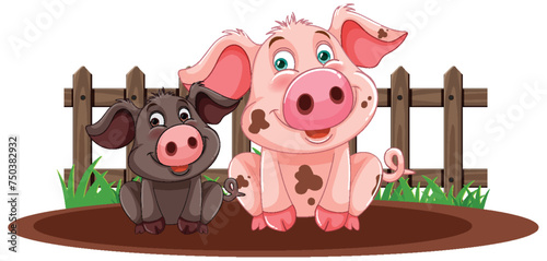 Two cartoon piglets near a fence in mud