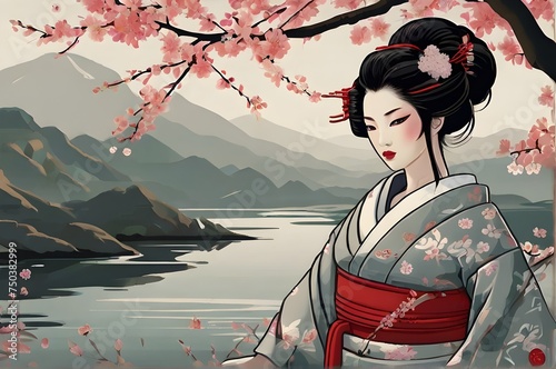 Japanese Serenity Woman in Traditional Kimono Amidst Cherry Blossoms and a Serene Lake