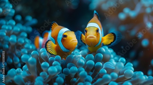 There are two clownfish inside a blue anemone underwater