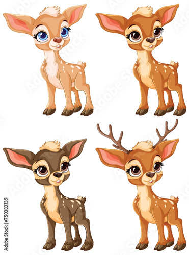 Four cute animated deer in various poses.
