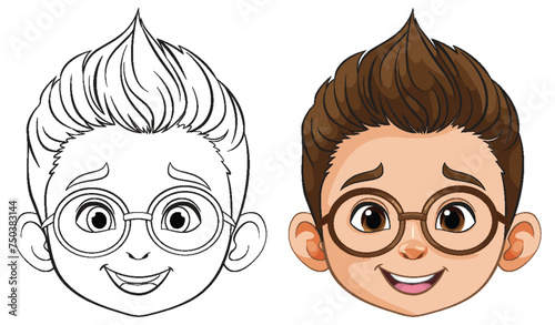 Vector illustration of a boy's face, before and after coloring