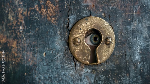 A keyhole with an eye looking through it, symbolizing the search for truth and enlightenment