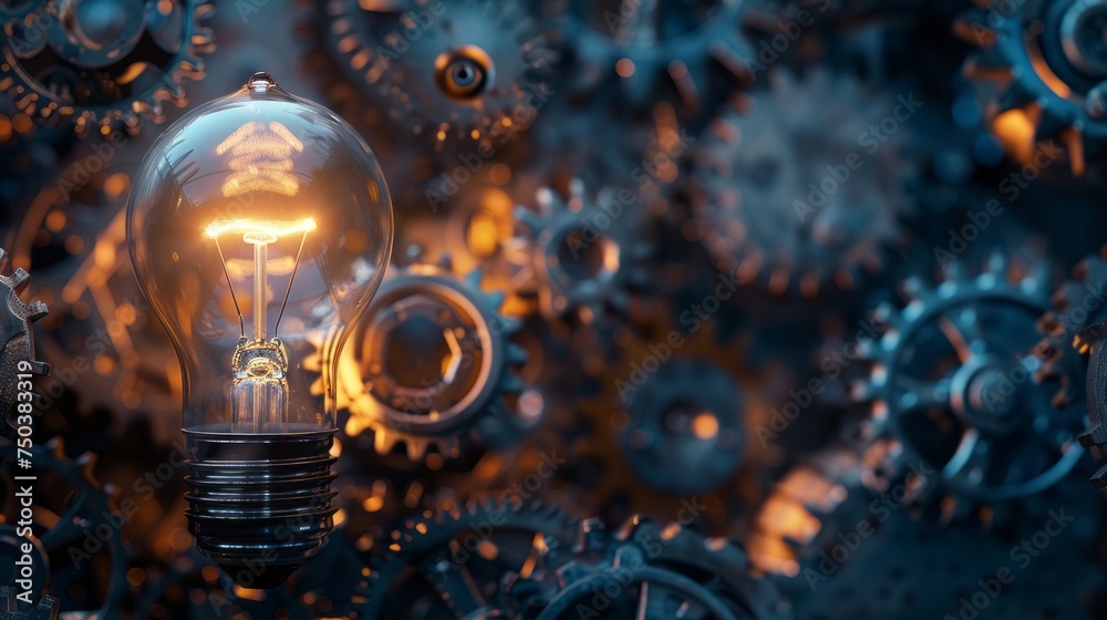 A light bulb illuminating a dark room filled with gears and machinery, symbolizing the power of innovation to overcome obstacles