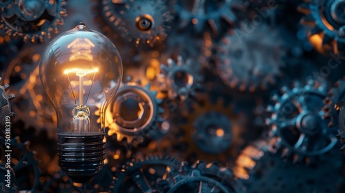 A light bulb illuminating a dark room filled with gears and machinery  symbolizing the power of innovation to overcome obstacles