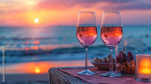 Romantic sunset dinner on the beach. Honeymoon table set for two with luxury dining Enjoy a glass of rose wine in a restaurant with a sea view. Happy Valentine's Day. photo