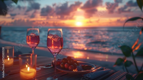 Romantic sunset dinner on the beach. Honeymoon table set for two with luxury dining Enjoy a glass of rose wine in a restaurant with a sea view. Happy Valentine's Day.