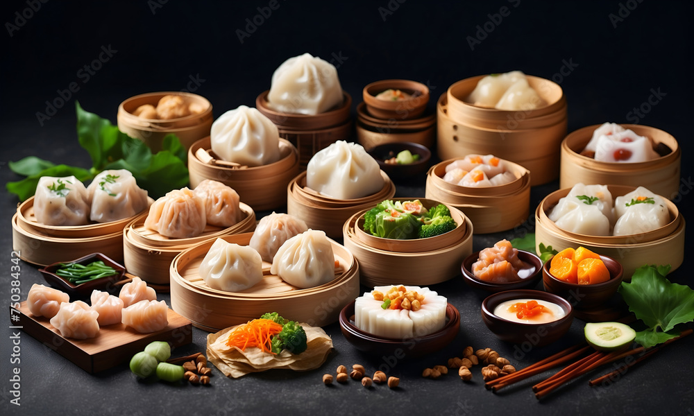 Chinese Streamed Dumpling. Yumcha, dim sum steamer, Chinese cuisine on dark background. dim sum in bamboo steamer.