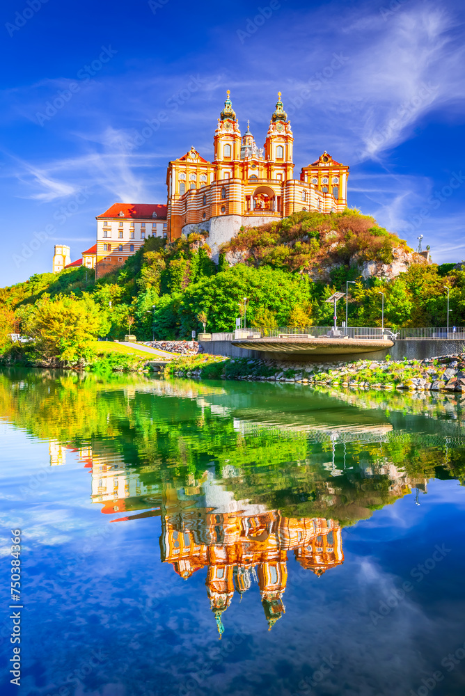 Melk Abbey, Austria. Stift Melk reflected in the water of Danube River, scenic Wachau Valley.