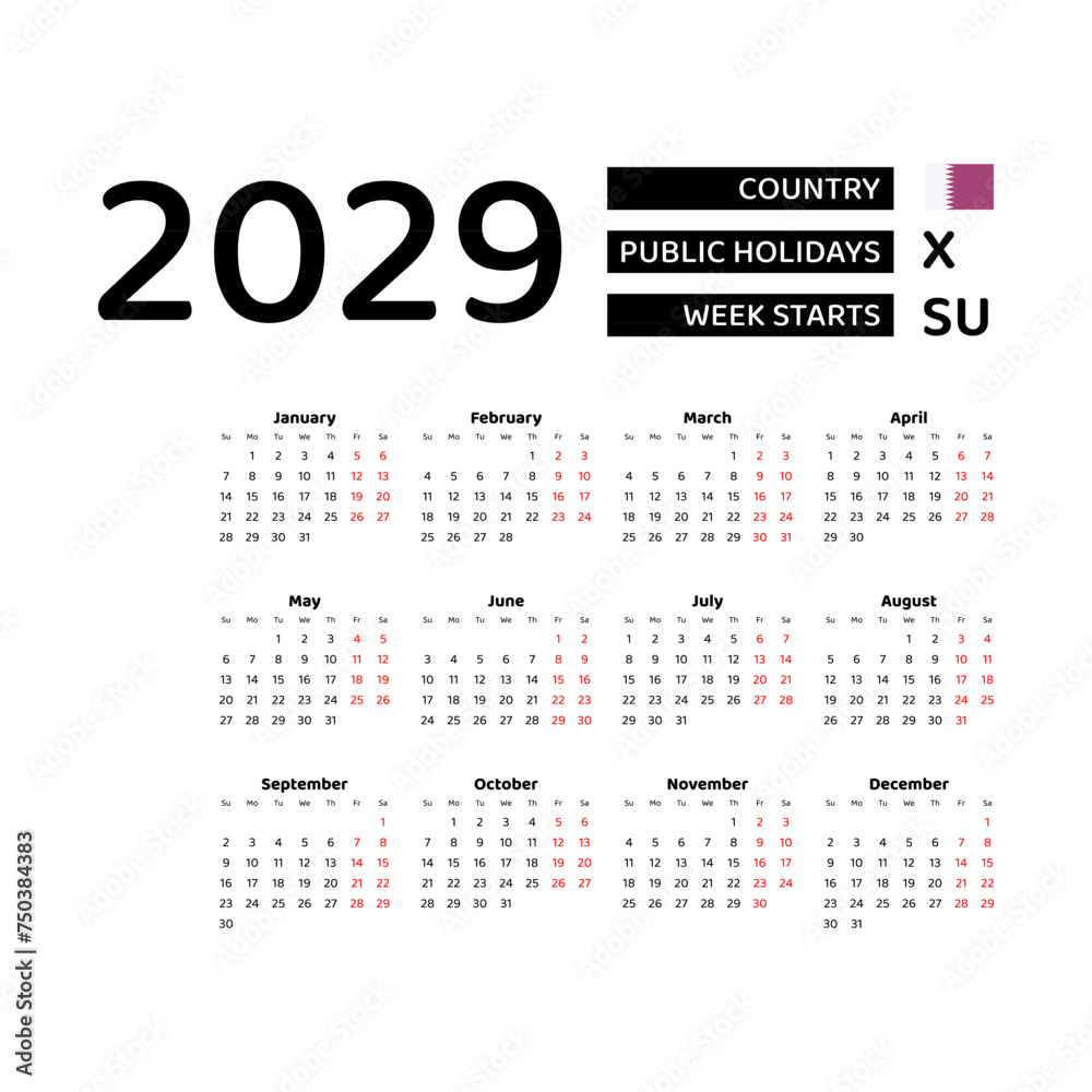 Calendar 2029 English language with Qatar public holidays. Week starts from Sunday. Graphic design vector illustration.