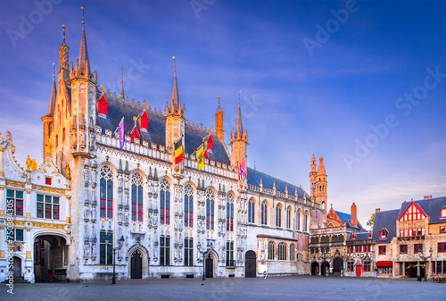 Bruges, Belgium. De Burg in sunrise light, famous city of Flanders.