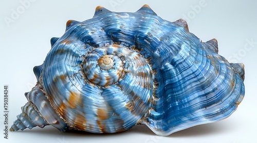 The image shows a blue sea shell set against a white background.