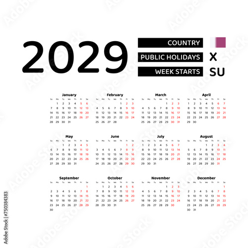 Calendar 2029 English language with Qatar public holidays. Week starts from Sunday. Graphic design vector illustration.