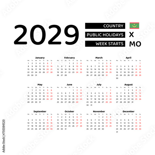 Calendar 2029 English language with Mauritania public holidays. Week starts from Monday. Graphic design vector illustration.