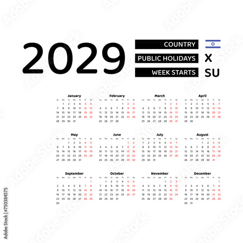 Calendar 2029 English language with Israel public holidays. Week starts from Sunday. Graphic design vector illustration.