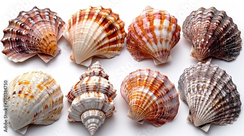 A white background is adorned with sea shells