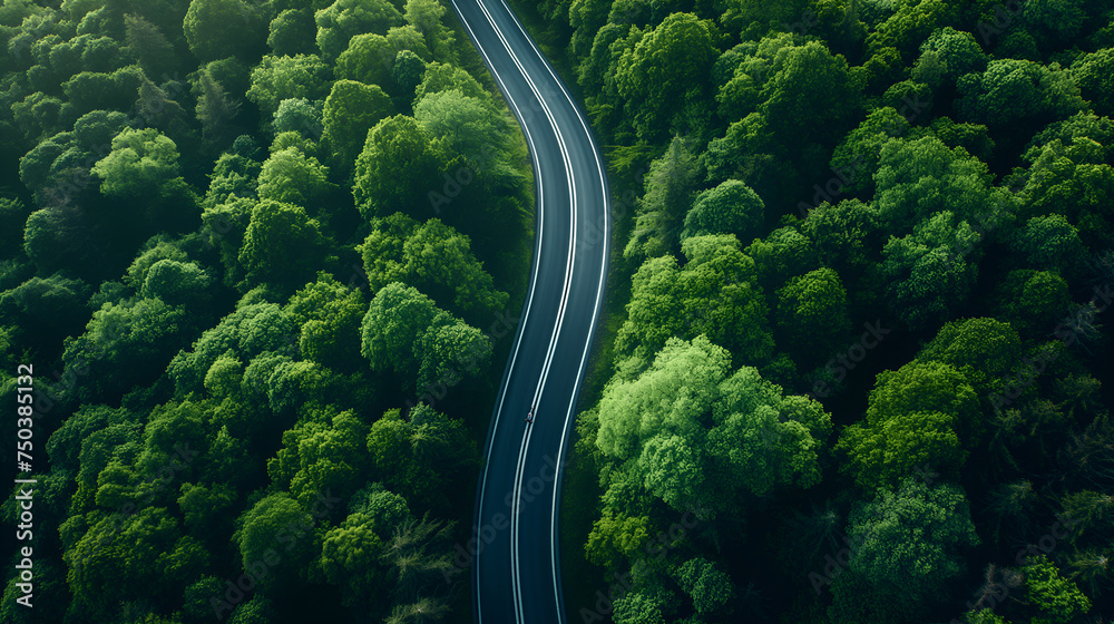Photo-Realistic Landscape: Aerial Shot of Lush Green Forest and Winding Highway