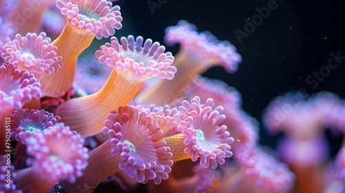 An underwater soft coral reef with pink polyps and a black background