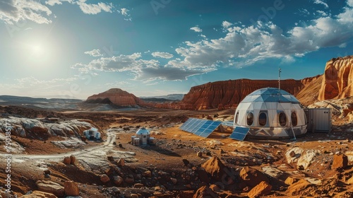 View of the white astronaut science station on the surface of the red planet on a sunny day.