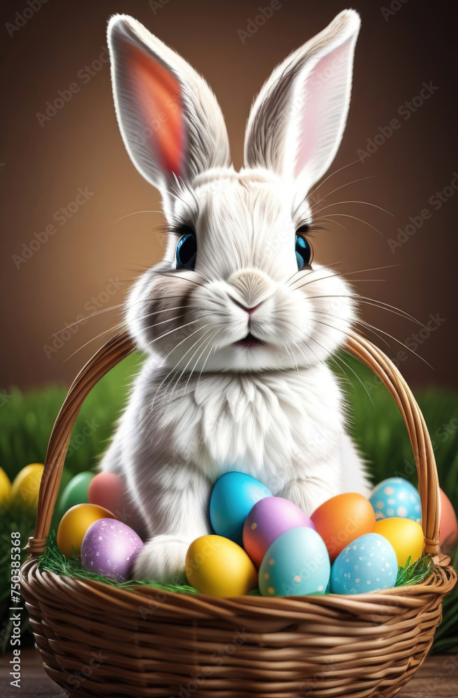 Cute easter bunny with basket of colorful easter eggs