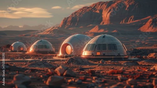 View of the white astronaut science station on the surface of the red planet on a sunny day.