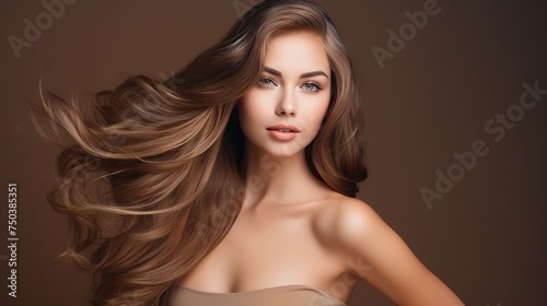 Model girl with shiny healthy hair and glowing tan skin for hair and skin care products