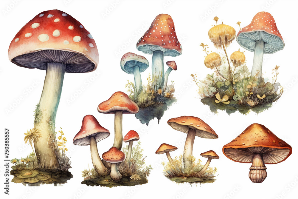A set of fly agaric mushrooms on a white background. A set of fly agaric mushrooms on a white background. 