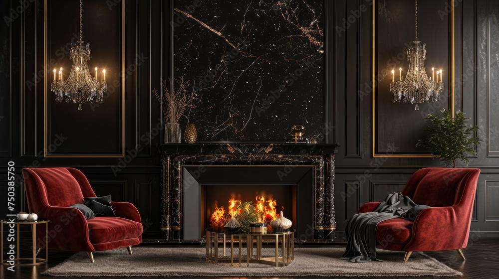 Opulent Dark-Walled Room with Fire, Plush Red Chairs, and Chandeliers