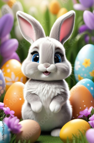 Cute easter bunny with colorful easter eggs and spring flowers