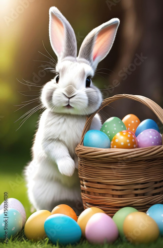 Cute easter bunny with basket of colorful easter eggs © Natalia Garidueva
