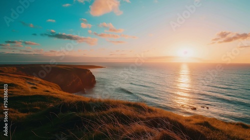 Majestic Coastal Sunset with Golden Light on Cliffs and Sea