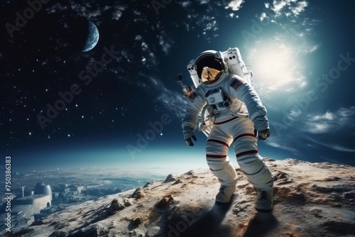 Astronaut at spacewalk. Cosmic art, science fiction wallpaper. Beauty of deep space.