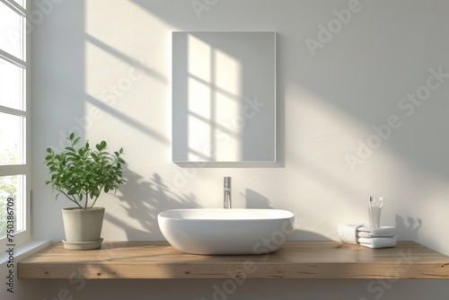 Modern Minimalist Bathroom Interior with White Basin on Wooden Shelf  Fresh Plants  and Folded Towels