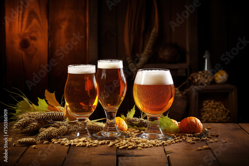 Three stemmed glasses with beer on a wooden table. Hops and malt are scattered on the table. Generated by artificial intelligence