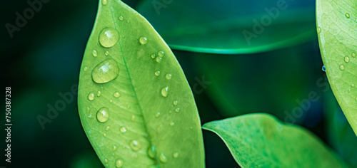Peaceful nature closeup. Beautiful artistic green leaves with drops of water. Drops of dew in the morning glow in the sun. Beautiful leaf texture in nature. Natural background. Spring summer growth © icemanphotos