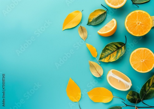 Fresh Citrus Fruits With Green and Yellow Leaves on Turquoise Background