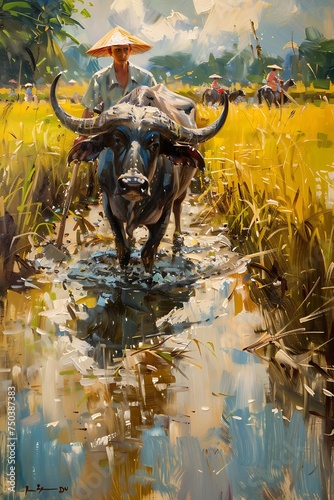 Buffalo on Rice fields in Thailand, asian vibe artwork illustration for wall art and decoration 