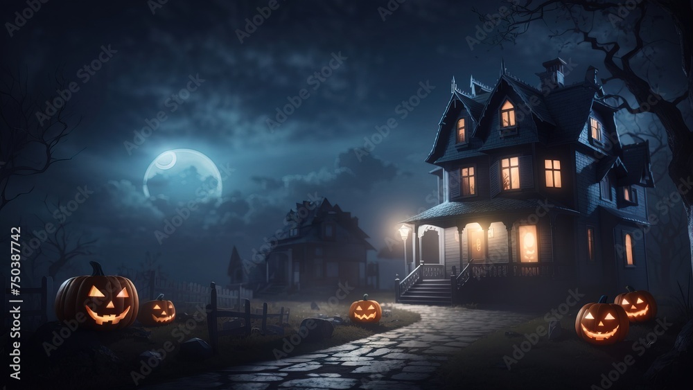 3D illustration of a Halloween house concept background
