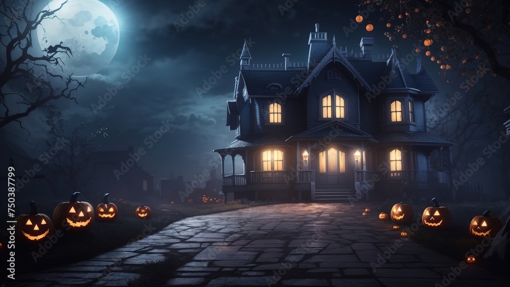 3D illustration of a Halloween house concept background