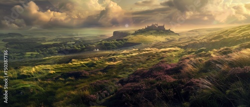 Moorland or Moor  Wuthering Heights  Heather Fields and Hills  Castle on Mountains  Copy Space