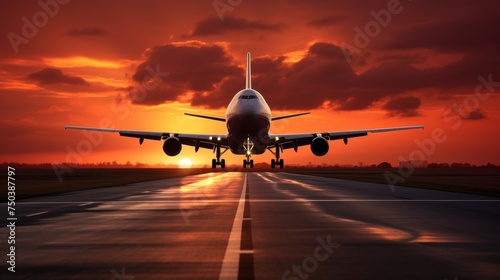 Passenger and cargo planes taking off at airport runway against stunning sunset sky